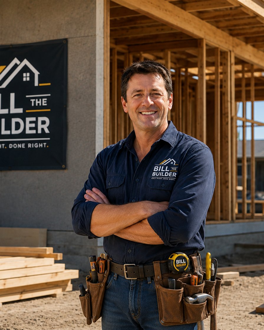 Bill in a Bill the Builder work shirt on a residential building site
